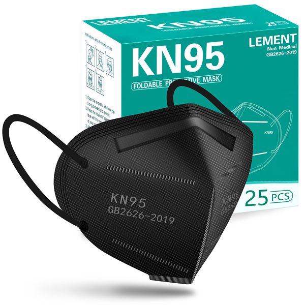LEMENT 25pcs KN95 Face Mask Black 5 Layer Cup Dust Safety Masks Filter Efficiency≥95% Breathable Elastic Ear Loops Black Masks